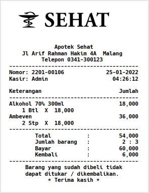 Struk belanja obat bebas dari software apotek Prorinum