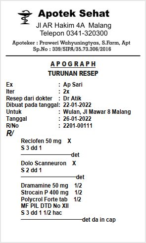 Salinan resep / copy resep / turunan resep dari apilkasi apotek Prorinum