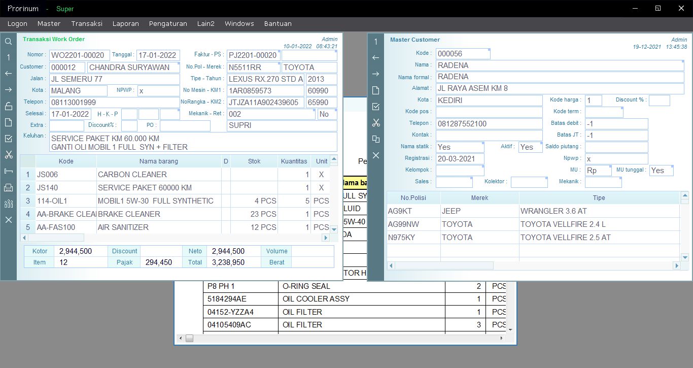 Tampilan Software Bengkel Prorinum